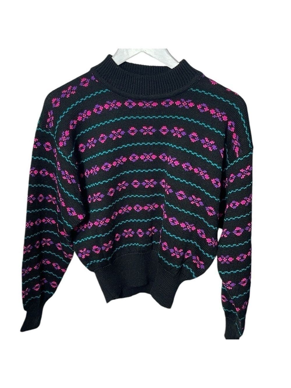 NWT Vintage Meister Mock Neck Ski Sweater Black Violet Stripe SZ M